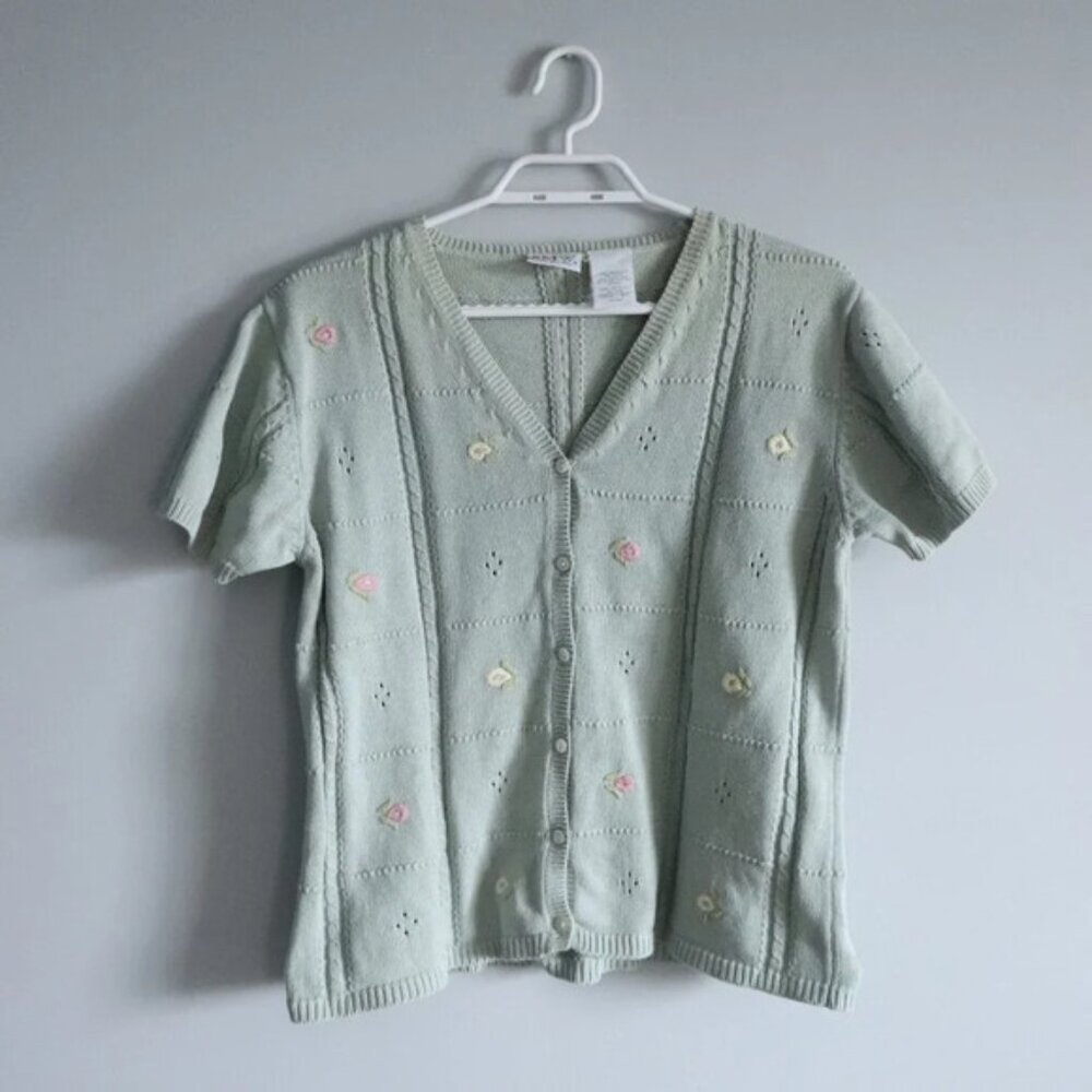 Vintage Style My Way Women's M Green V-Neck Floral Knit Long Sleeve Cardigan